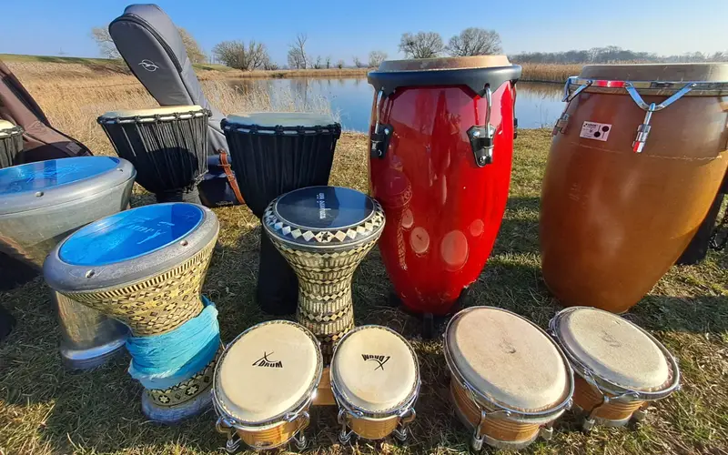 Djemben, Congas, Darbukas und Bongos stehen auf einer Wiese an der Elbe.
